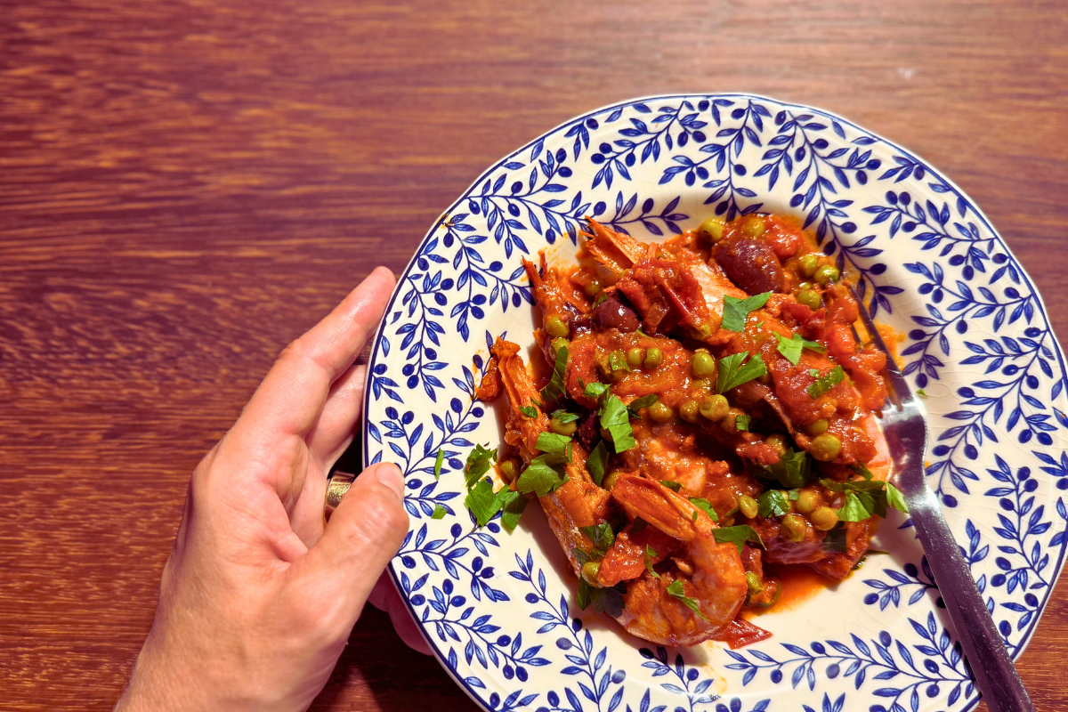 Krevetės chorizo ir vyšninių pomidoriukų padaže